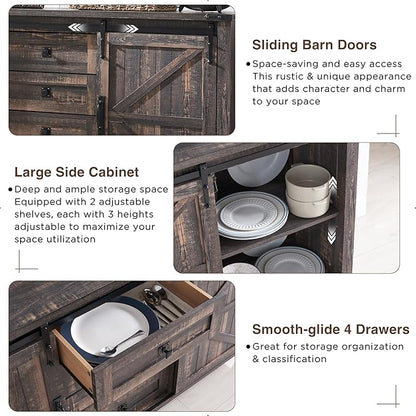 T4TREAM Farmhouse Sideboard Buffet Cabinet with Storage, 60" Large Kitchen Cabinet w/Sliding Barn Doors and 4 Drawers, 31.2'' Tall Rustic Wood Coffee Bar Table for Dining Room, Dark Rustic Oak