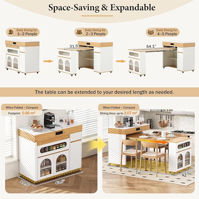 74" Extendable Dining Table with Extra-Long Folding Tabletop, Rolling Kitchen Island with Drawers, Power Outlet and Brake Lock, Zoned Layered Storage Cabinet for Kitchen and Dining Room