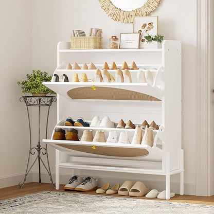 IRONCK Shoe Cabinet Storage with 2 Flip Drawers, Free Standing Wooden Shoe Storage Organizer Cabinet with Rattan Doors for Entryway, Narrow Shoe Rack Cabinet, White