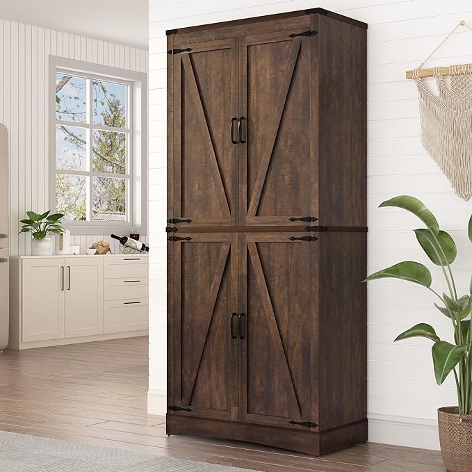 chartustriable 71in Farmhouse Kitchen Pantry Cabinet,Tall Storage Cabinet with 4 Doors and Adjustable shelves,with Load-Bearing Steel Pipe,Wood Storage Cabinets for Kitchen,Dining Room,Bathroom(Brown)