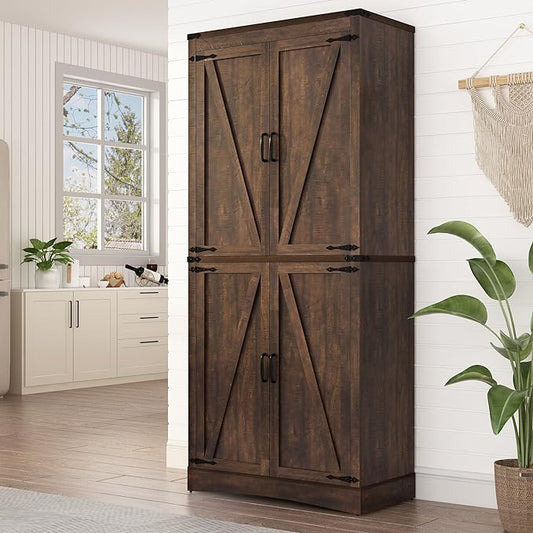 chartustriable 71in Farmhouse Kitchen Pantry Cabinet,Tall Storage Cabinet with 4 Doors and Adjustable shelves,with Load-Bearing Steel Pipe,Wood Storage Cabinets for Kitchen,Dining Room,Bathroom(Brown)