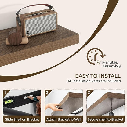 RICHFOCUS 36Inch Floating Shelves for Wall 2 Pack Shelves for Bedroom|Kitchen|Bathroom Wall Mounted Rustic Wood Floating Shelf with Invisible Brackets for Books|Storage|Decor, Walnut