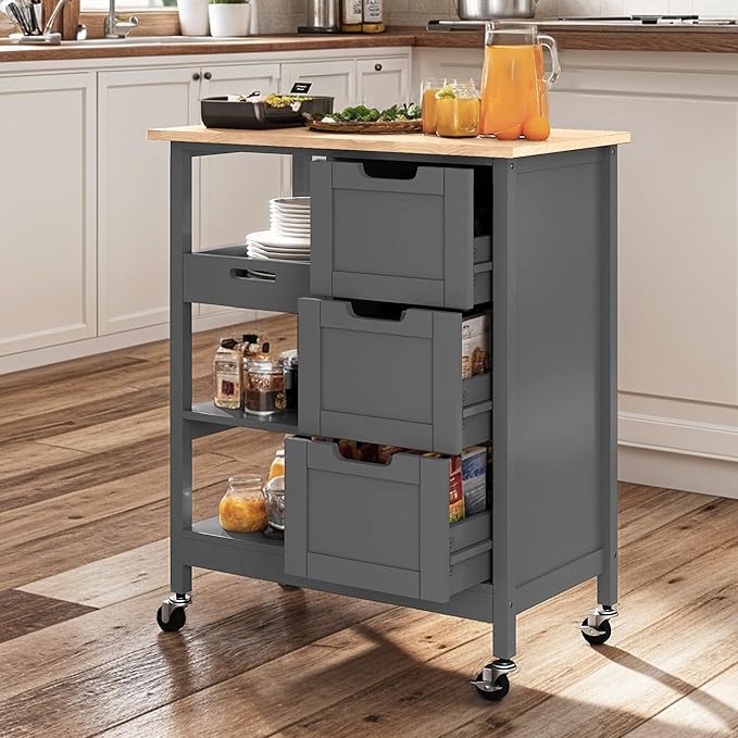DWVO Solid Wood Top Rolling Kitchen Island Cart, 3 Tier Mobile Kitchen Storage Island Cart with 3 Drawers and 3 Opening Storage Shelves for Kitchen & Dining Area, Gray