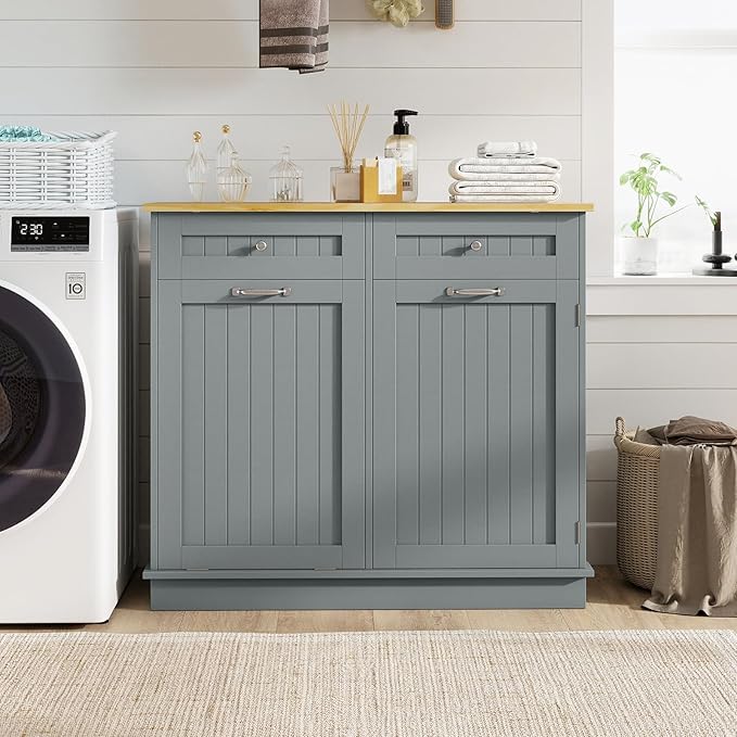 Giantex Tilt Out Trash Cabinet 15.5 Gallon, Wooden Laundry Room Cabinet, 2 Drawers, Storage Cabinet, Recycling Trash Cabinet, Kitchen Island with Garbage Can Holder, 39.5" x 14" x 35.5", Gray