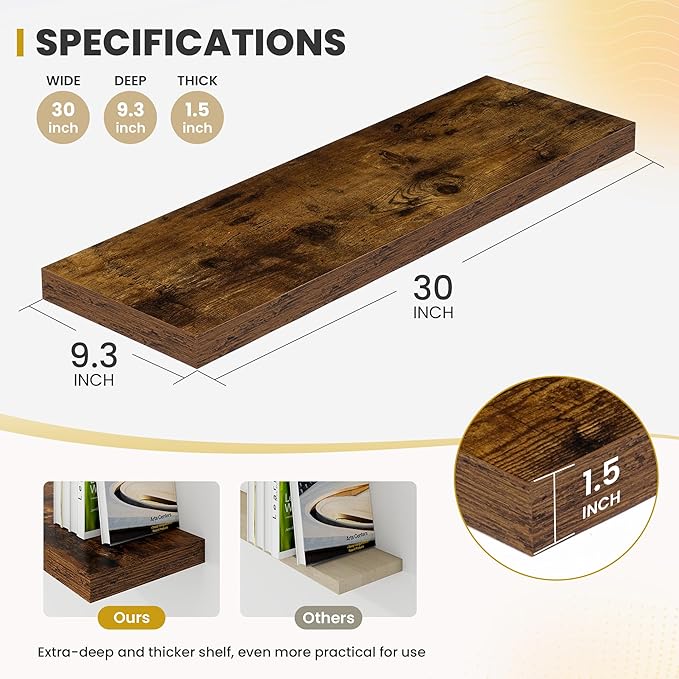 Acovy 30 Inch Floating Shelves, 9.3" Deep Floating Shelf Wall Mounted, 30" Wall Shelves, Rustic Deep Bookshelf, Large Display Shelves & Storage Shelves for Bedroom, Living Room, Brown, Set of 2