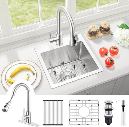 Herogo 15×15 Inch Drop In Kitchen Sink, Small Utility Deep Single Bowl Sink, Handmade for Rv Bar Laundry Room Outdoor Farmhouse