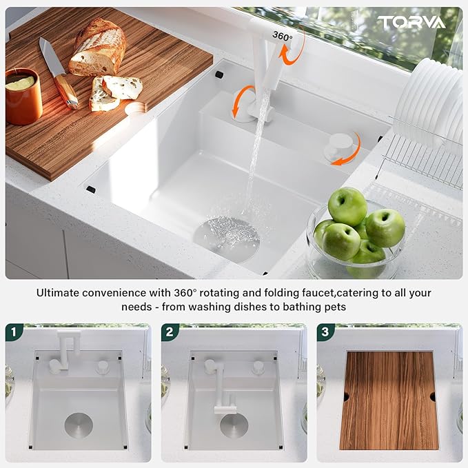 TORVA RV Kitchen Sink, 15 x 18 x 7 Inch Undermount Bar Sink 16 Gauge Stainless Steel Single Bowl Sink with Foldable Faucet Cutting Board, White
