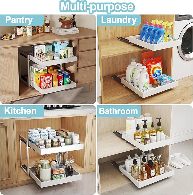 Golener 2-Tier Expandable Pull Out Cabinet Organizer - 21" Deep Slide Out Drawers for Kitchen Cabinets, Bathroom Organizers and Storage, Under Sink Organizer for Kitchen Storage Organization, White