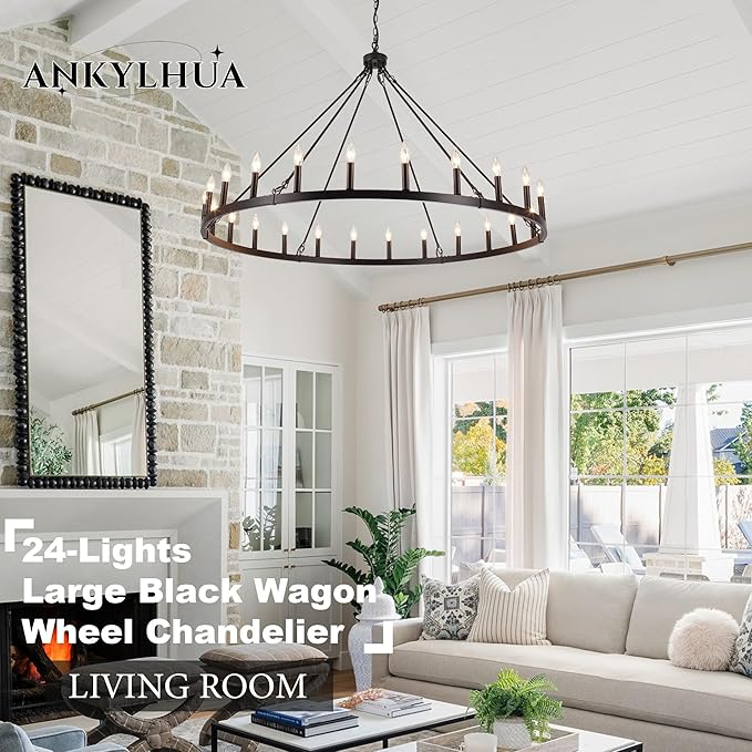ANKYLHUA 52 inches Black Wagon Wheel Chandelier- 24 Light Large Farmhouse Chandelier Industrial Rustic Dining Room Light Fixture Round High Ceiling Pendant Light for Living Room Entryway Foyer