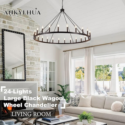 ANKYLHUA 52 inches Black Wagon Wheel Chandelier- 24 Light Large Farmhouse Chandelier Industrial Rustic Dining Room Light Fixture Round High Ceiling Pendant Light for Living Room Entryway Foyer