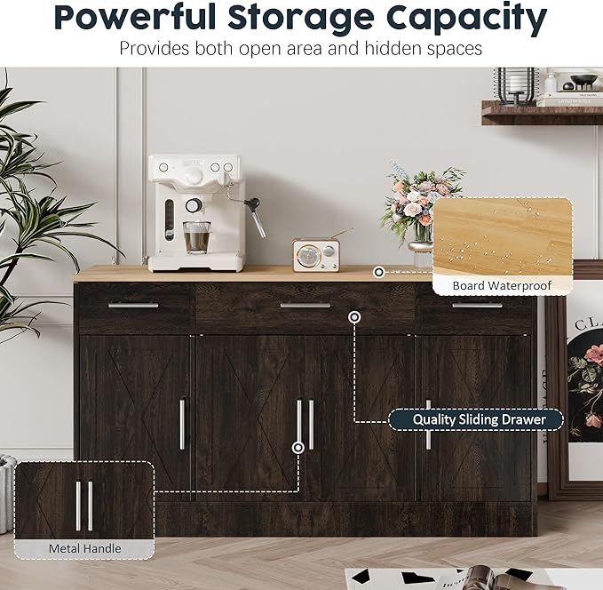 SUNLEI Kitchen Buffet Sideboard Cabinet, Farmhouse Storage Cabinet with 4 Doors and 3 Drawers, Wooden Base Cabinet with Adjustable Shelf for Living Room, Brown