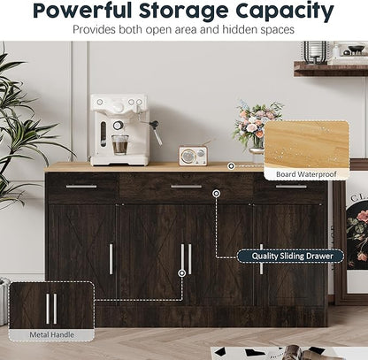 SUNLEI Kitchen Buffet Sideboard Cabinet, Farmhouse Storage Cabinet with 4 Doors and 3 Drawers, Wooden Base Cabinet with Adjustable Shelf for Living Room, Brown