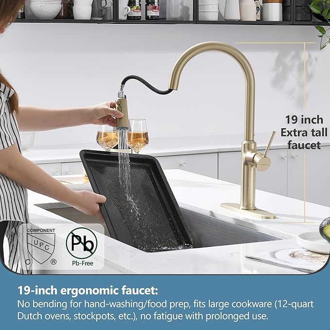 Kitchen Sink Faucets Brushed Gold, High-Arc Single Handle Kitchen Faucet with Pull Down Sprayer, Solid Brass Tall Kitchen Faucets 19 Inch
