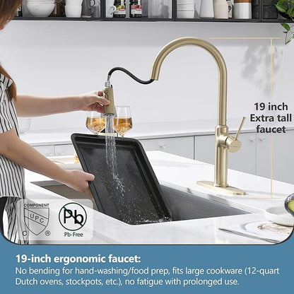 Kitchen Sink Faucets Brushed Gold, High-Arc Single Handle Kitchen Faucet with Pull Down Sprayer, Solid Brass Tall Kitchen Faucets 19 Inch
