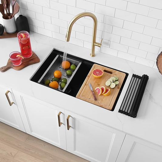 Stylish 30 x 18 Inch Composite Granite Workstation Kitchen Sink, 60/40 Double Bowl Under Mount & Drop in, 9.5 in Deep, Reversible, with Cutting Board, Colander, Colander & Strainer, Black, S-831WN