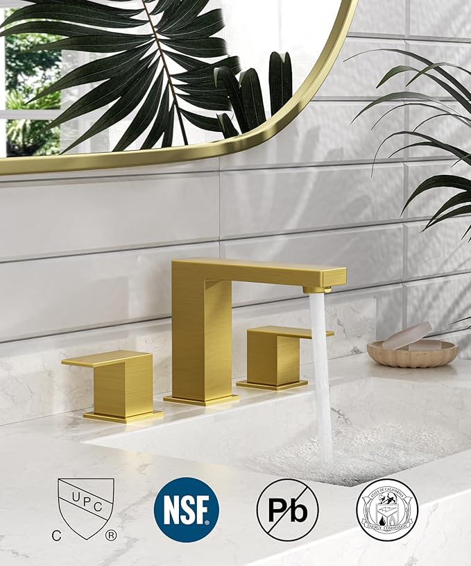 QFN Lead-Free Gold Bathroom Faucet 3 Hole, Square Bathroom Sink Faucet 8 Inch Widespread, 2 Handle for 4"-12" Vanity Sink with Metal Pop Up Drain and 24" cUPC Supply Hoses