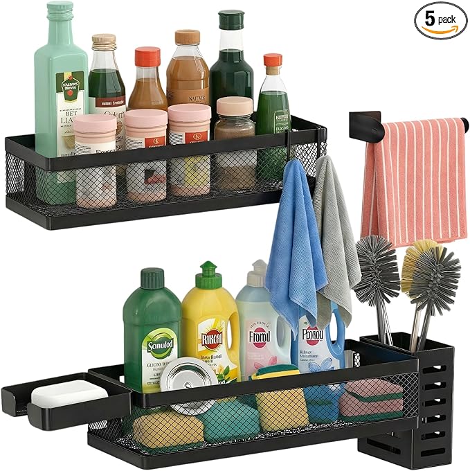 PUSDON 5-in-1 Wide Wall Mount Wrapped Mesh Kitchen Organizer & Shower Caddy Kit, with Paper Towel Holder, Utensil Holder, Soap Dish, Heavy Duty 50LBS - Matte Black, Netting