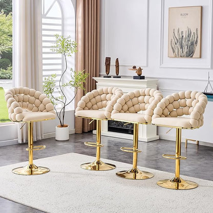 Set of 2 Beige Puffy Bubble Chair Ball Chain Chair Velvet Bar Stools with Gold Legs, Tufted Adjustable Bar Chairs for Kitchen Island Home Bar