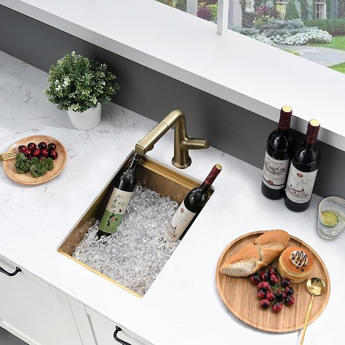 13 Inch Undermount Gold Bar Sink Workstation,13x18 Bar Sink Undermount Gold Stainless Steel Small Kitchen Sinks 18 Gauge Single Bowl Kitchen Wet Bar Sinks with Accessories