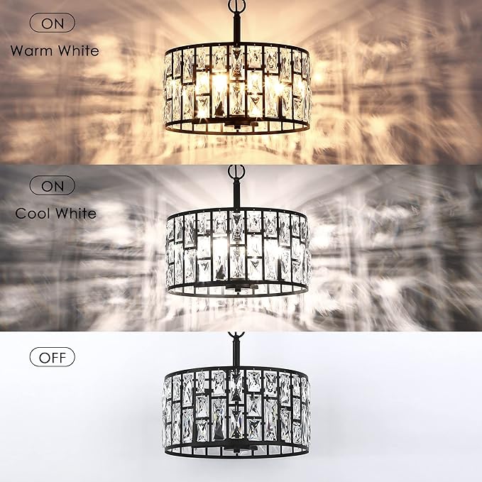 MEXO Farmhouse Crystal Convertible Chandelier and Semi Flush Mount Lighting Black Cylinder Drum Shade Pendant for Kitchen Island Dining Room Bedroom Hallway