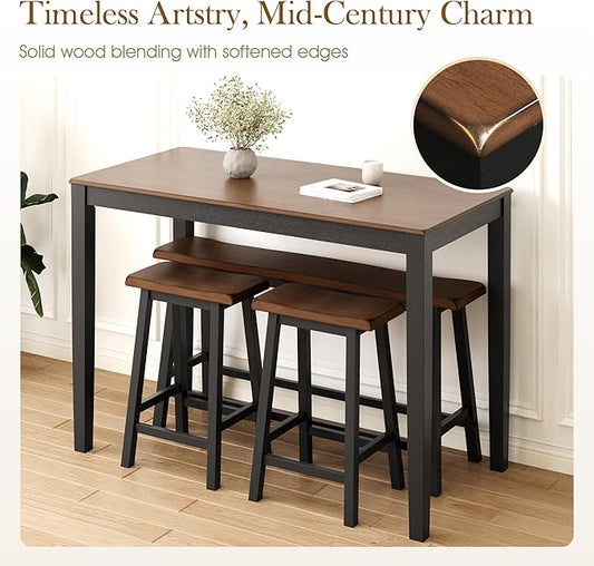 Sophia & William Dining Table Set for 4, Counter Height Table and Chairs, Kitchen Table Set with Bench and 2 Chairs, Small Breakfast Bar Dining Set, Walnut & Black