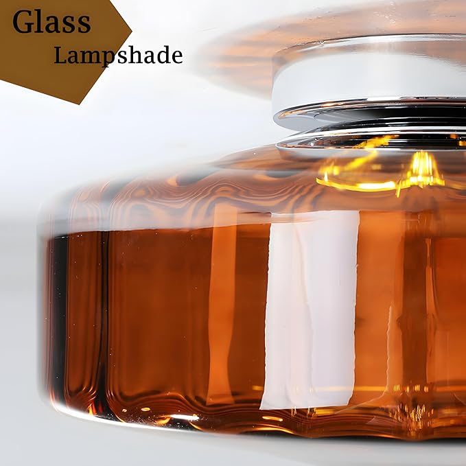 Bofea-Semi Flush Mount Ceiling Light with Water Ripple Glass Shade,Mid Century Modern Amber Glass Overhead Lights,Hallway Lighting,Vintage Close to Ceiling Light Fixtures for Kitchen Entryway.