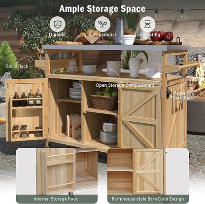 Modern Dining Table Outdoor Kitchen Island with Cabinet, Rolling Bar Cart, Farmhouse Solid Wood Grill Table with Stainless Steel Top, Spice Rack, Towel Rack for Kitchen Dining Room Tables,Natu