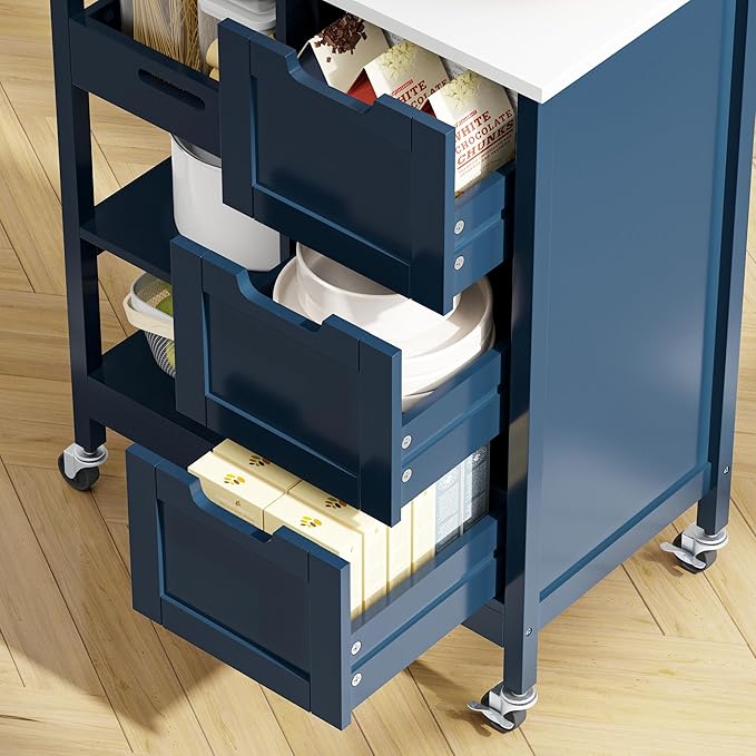 DWVO Solid Wood Top Rolling Kitchen Island Cart, 3 Tier Mobile Kitchen Storage Island Cart with 3 Drawers and 3 Opening Storage Shelves for Kitchen & Dining Area, Navy Blue