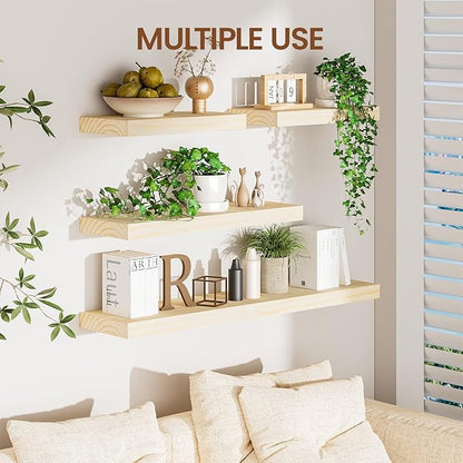 Heimlove Unfinished Wood Floating Shelves, Pine Shelves for Wall Set of 2, Wall Mounted Rustic Wood 8 Inch Deep Floating Shelf with Invisible Brackets for Bedroom Kitchen Living Room - Natural, 36x8