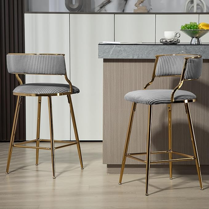 (Set of 2) 26'' Counter heightstools Corduroy Kitchen Island Counter Stool with Back,Golden Chromed Base and footrest,for Living Room