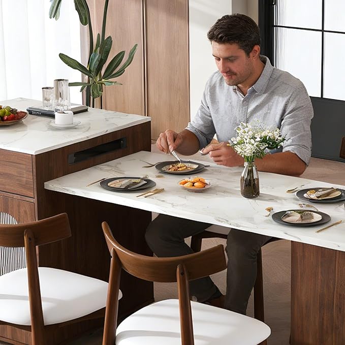 GOWE 80-Inch Expandable Kitchen Island Dining Set with 4 Solid Wood Chairs, Walnut Marble-Grain Countertop with Power Outlet, Mobile Storage Cart with Cabinet & 2 Drawers