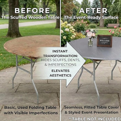 Kwik-Covers 10 Pack of Round Plastic Table Covers - 60" or 72" Round - Indoor or Outdoor Fitted Covers (Tables NOT Included) (Metallic Silver, 60" Round)