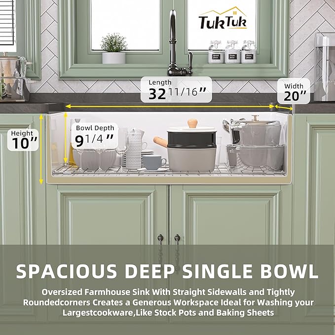 TUKTUK White Farmhouse Sink 33X20 Fireclay Farm Sink for Kitchen Apron Undermount Kitchen Sink Single Bowl Big Capacity Deep Drop-in Modern Kitchen Sink with Luxury Bottom Grid & Strainer Drain