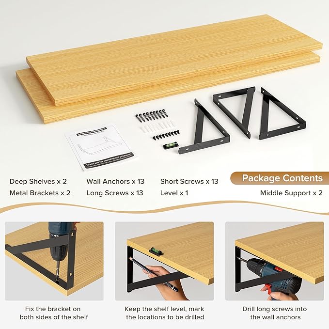 Acovy Deep Floating Shelves Wall Mounted, 36"x12" Oak Wall Shelves with Brackets Set of 2 for Bedroom, Living Room, Bathroom, Kitchen, Office - Storage & Display Shelf for Decor, Books, Plants