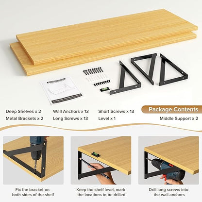 Acovy Deep Floating Shelves Wall Mounted, 36"x12" Oak Wall Shelves with Brackets Set of 2 for Bedroom, Living Room, Bathroom, Kitchen, Office - Storage & Display Shelf for Decor, Books, Plants