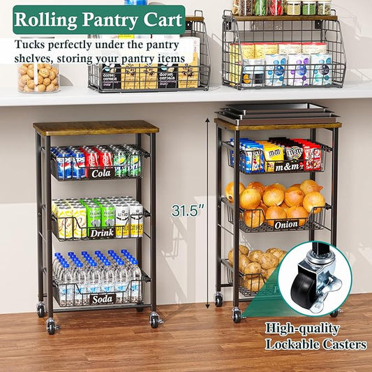OKZEST 4-Tier Small Kitchen Storage Cart on Wheels, Metal Fruit Basket Stand with Pull-Out Baskets & Wood Top for Potato Onion Produce Snack Veggies