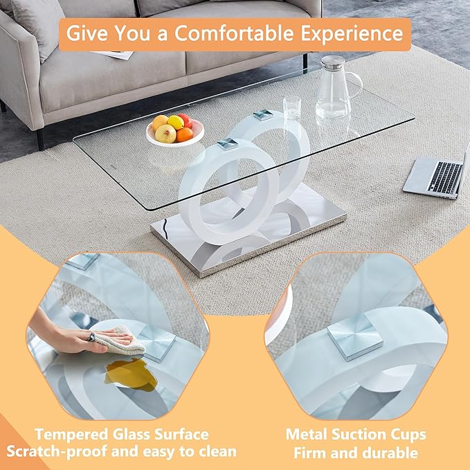 Glass Coffee Table for Living Room, 47" Modern Rectangle Coffee Tables with Tempered Glass Top and Unique Wooden Base, Clear Center Table for Living Room, Apartment, Office