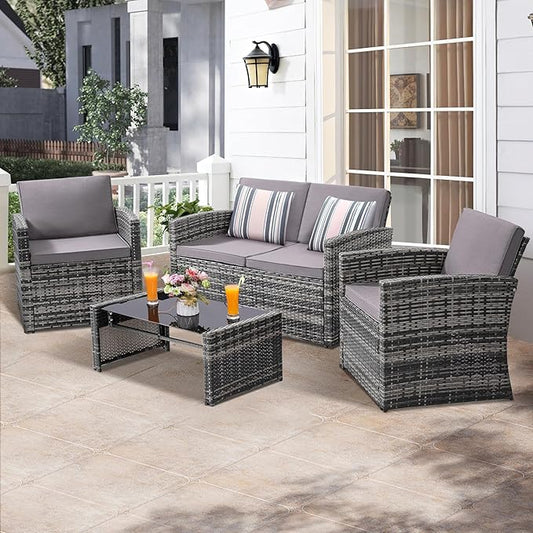 KROFEM 4-Piece Patio Furniture Set, Wicker Outdoor Rattan Sectional Sofa with Cushions and Glass Table, All-Weather Outdoor Conversation Set, Ideal for Garden, Porch, Backyard, Grey