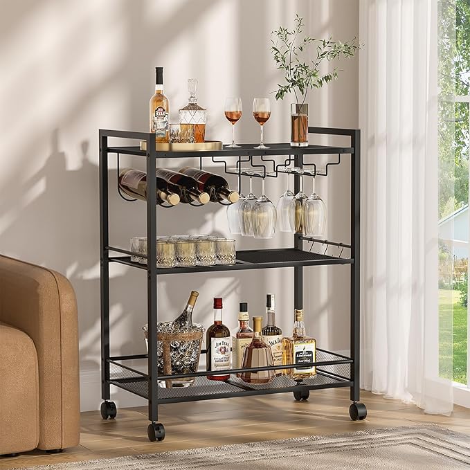 Joaxswe Bar Cart, Home Bar Serving Cart with 3-Tier Shelf,Microwave Cart with Lockable Wheels,Mobile Kitchen Shelf,Rolling Beverage Cart with Wine Rack and Glass Holder for Kitchen,Dinning Room,Black