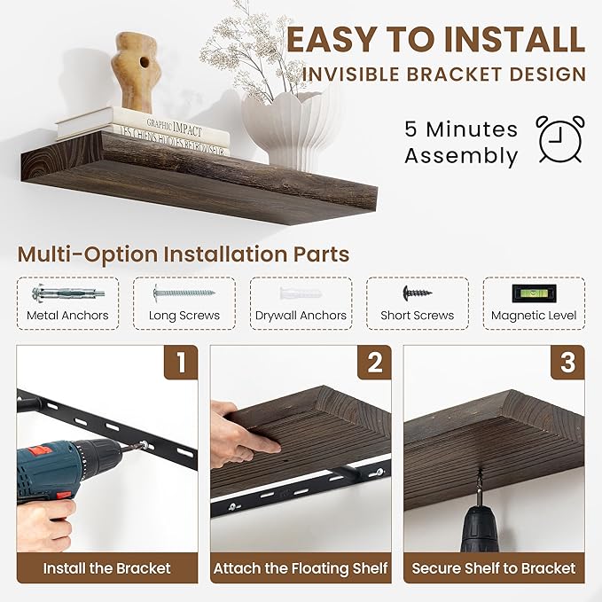 Acovy Extra Deep 24" Long Live Edge Rustic Floating Shelves for Wall, Solid Wood Wall Shelves with Invisible Bracket Mount for Living Room Bathroom Bedroom Kitchen, Set of 2, Natural