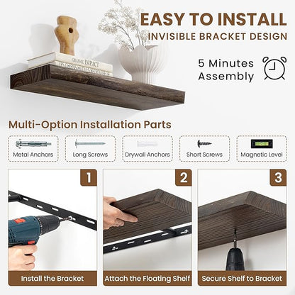 Acovy Extra Deep 36" Long Live Edge Rustic Floating Shelves for Wall, Solid Wood Wall Shelves with Invisible Bracket Mount for Living Room Bathroom Bedroom Kitchen, Set of 2, Natural