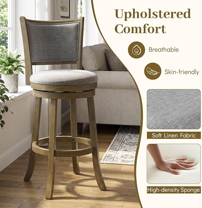 Giantex 30" Bar Height Stools Set of 2, Swivel Barstools with Rubber Wood Frame, Upholstered Seat & Footrest, Bar Chairs for Kitchen Island, Cafe, Pub