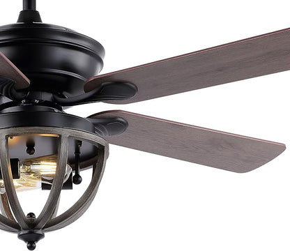 JONATHAN Y 52" Black 2-Light Iron LED Ceiling Fan with Remote, 5 Reversible Ashwood/Coffee Brown Blades, Farmhouse Industrial Metal Dome Shade, ETL Listed, LED Bulbs Included JYL9613A