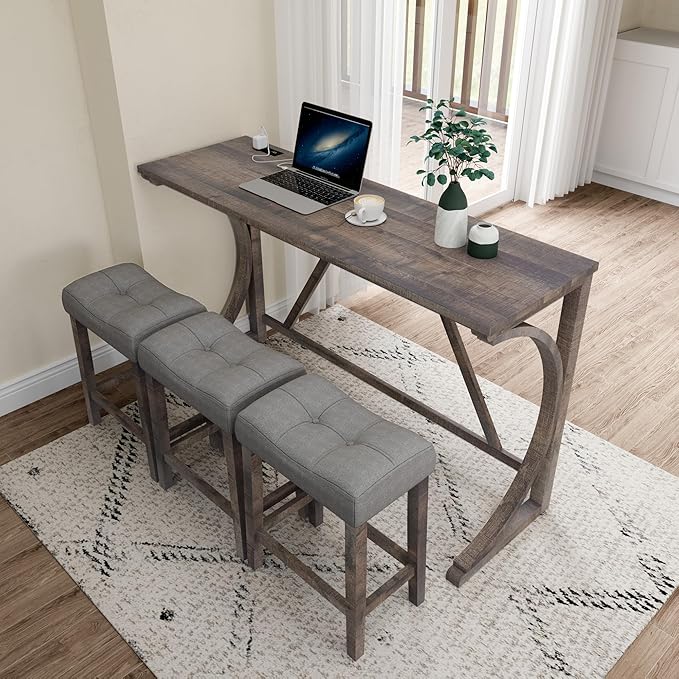 LKTART Dining Bar Table and Chairs Set 4 Piece with Power Outlet, Bar Table Set with 3 Padded Stools, Industrial Breakfast Table Set for Living Room Dining Room Game Room