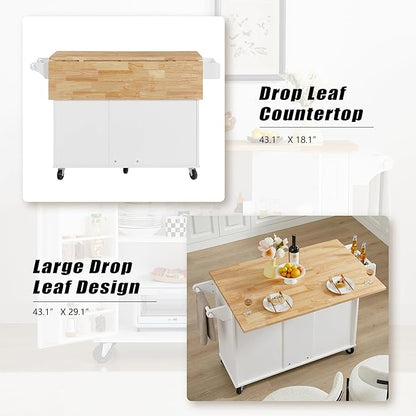 Modern Dining Table Expandable Kitchen Island with Drop Countertop Cabinet Tower Rack Rolling Cart Wheels Wood Console,White