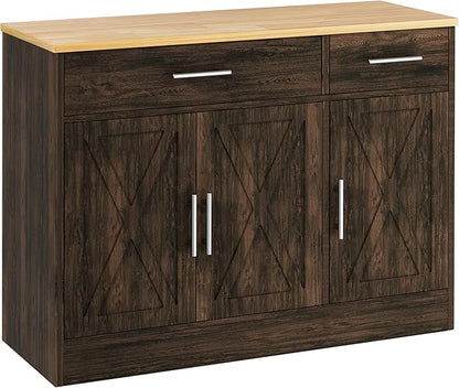 Shintenchi 3 Doors Farmhouse Sideboard Buffet Cabinet,42" Barn Doors Buffet with Storage,Wood Coffee Bar Cabinet with Adjustable Shelf for Kitchen,Living Room,Brown