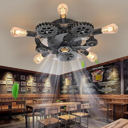 20" Retro Industrial Steampunk Ceiling Fans with Lights and Remote,Low Profile Flush Mount Bladeless Ceiling Fan with Light,Nautical Style 6 Speeds for Bedroom Kitchen Island Bar Cafe