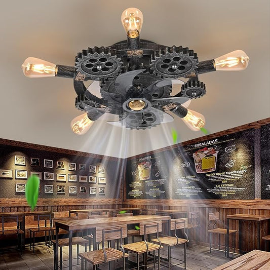 20" Retro Industrial Steampunk Ceiling Fans with Lights and Remote,Low Profile Flush Mount Bladeless Ceiling Fan with Light,Nautical Style 6 Speeds for Bedroom Kitchen Island Bar Cafe
