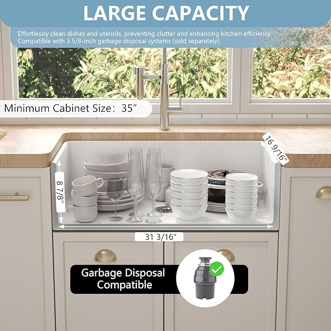 DeerValley Farmhouse Kitchen Sink 33 Inch, Fireclay White Undermount Kitchen Sink, Apron-Front, Large Deep Single Bowl with Bottom Grid & Strainer