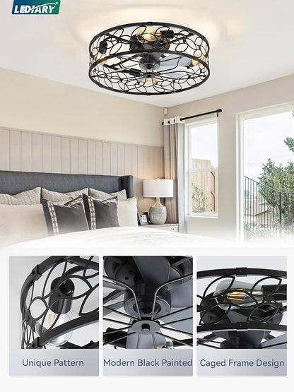 LEDIARY 23 Inch Caged Ceiling Fans with Lights, Black Flush Mount Ceiling Fan with Remote, Large Low Profile Bladeless Ceiling Fan Light Fixture for Bedroom, Kitchen, Dining Room
